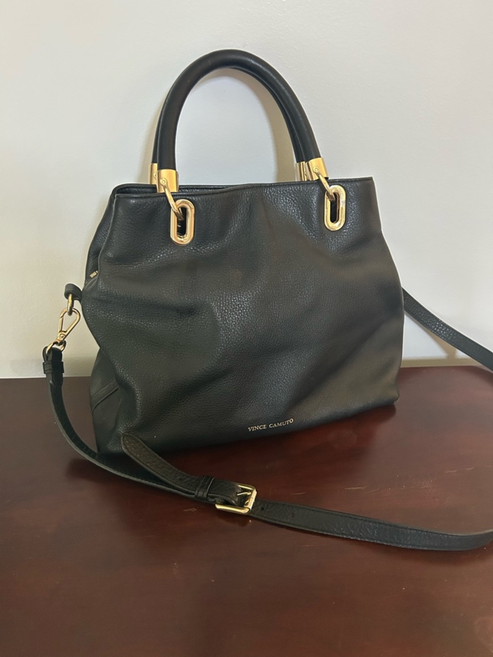 Vince Camuto ELVA Black Pebbled Leather Handbag Purse Satchel Shoulder Strap